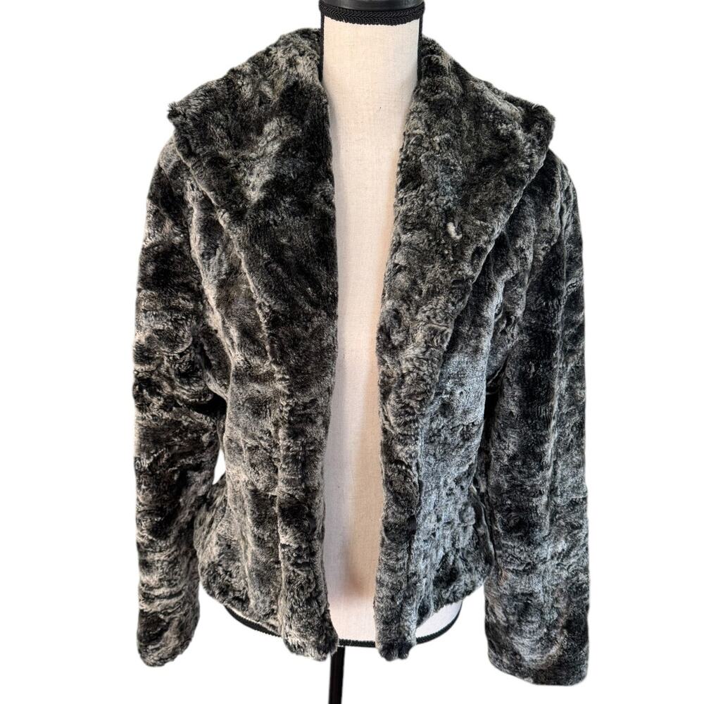 Collin Creek Black Gray Open Front Faux Fur Jacket Medium‎ Mob Wife Winter